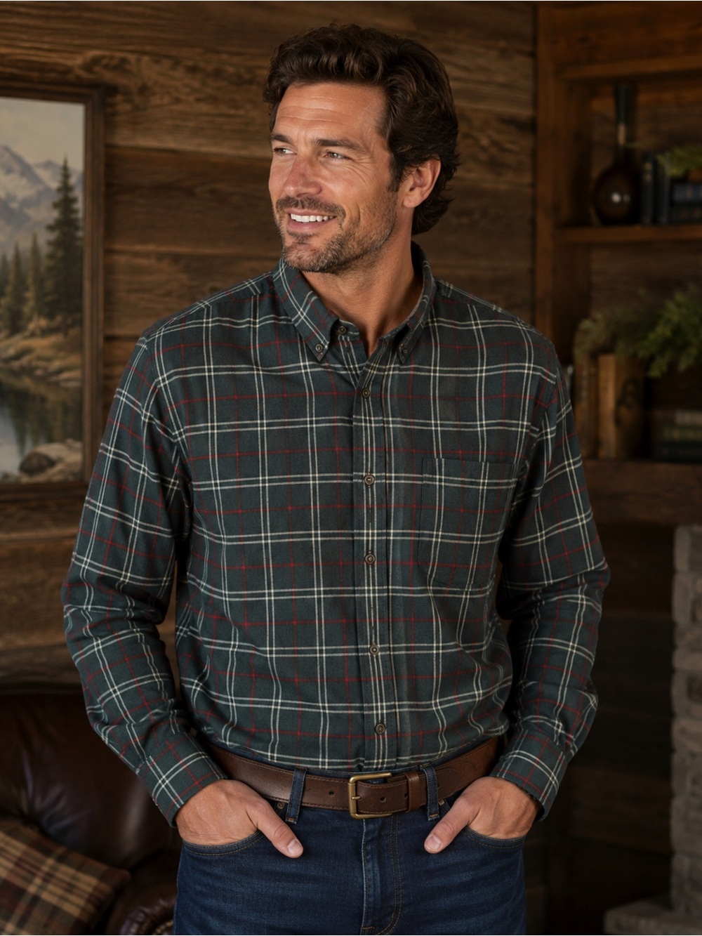 Banana Republic Navy Twill Green and Red Plaid Button-Down‎ Shirt